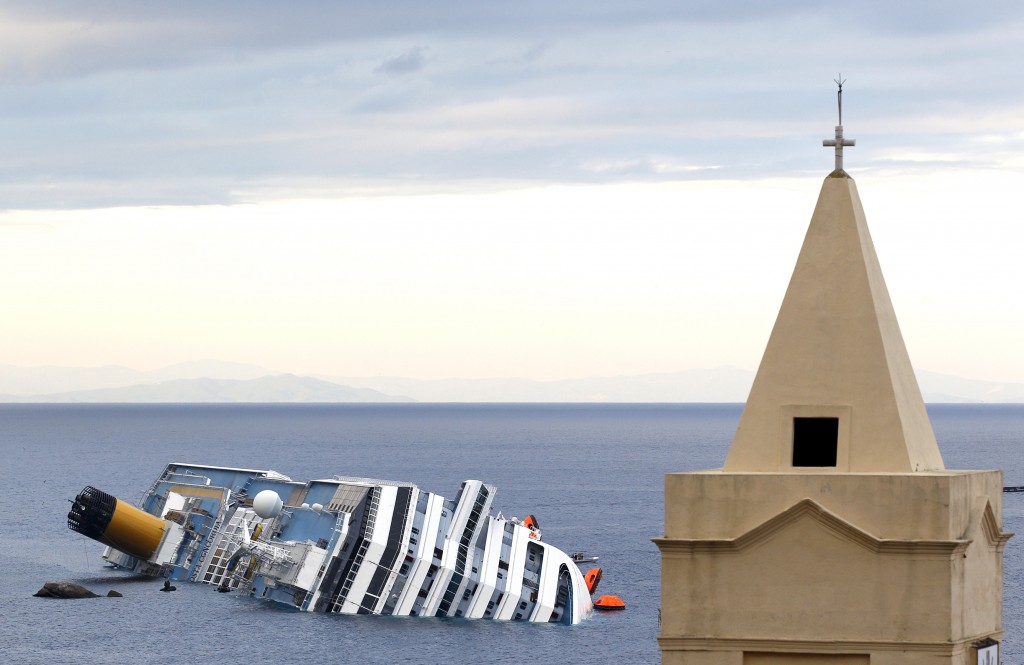 A view shows the Costa Concordia cruise ship that ran aground off the west coast of Italy, at Giglio island